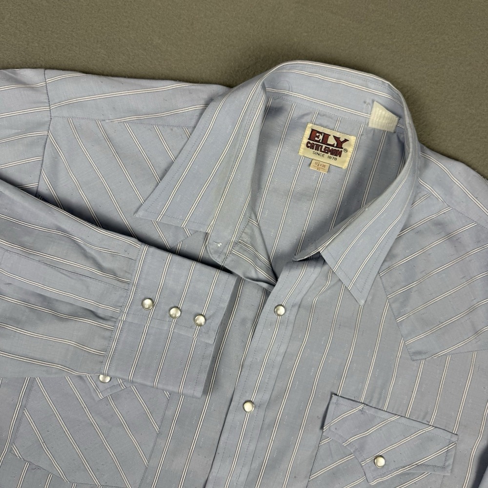 VTG Ely Cattleman Western Shirt Mens 17 1/2 XL Pearl Snap Blue White Stripe‎
